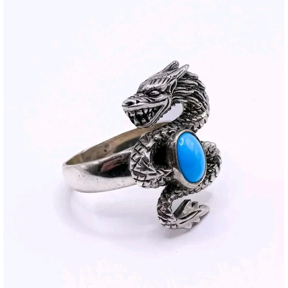 Chuck Clemency Sterling Silver 925 Dragon Ring Figural Turquoise Gemstone Sz 8